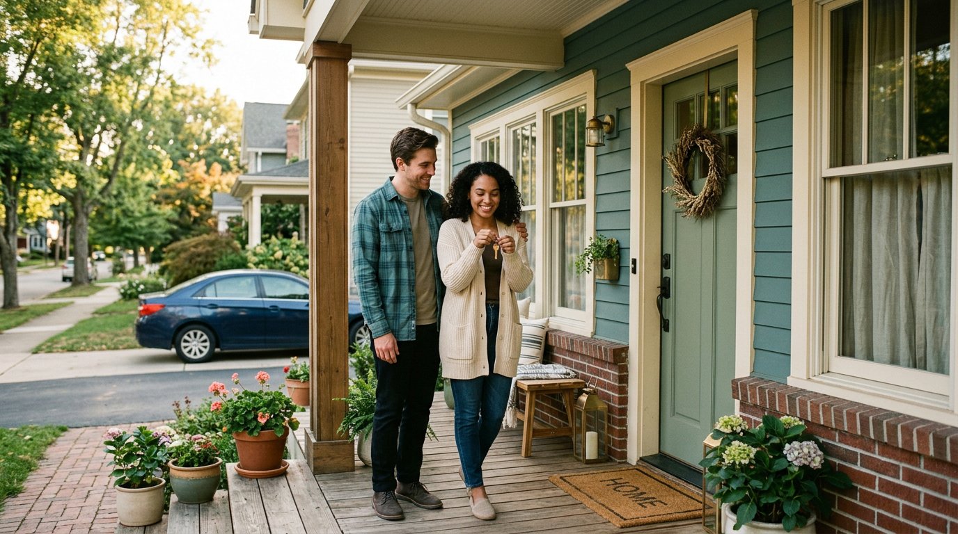 First-time buyers standing outside their new home