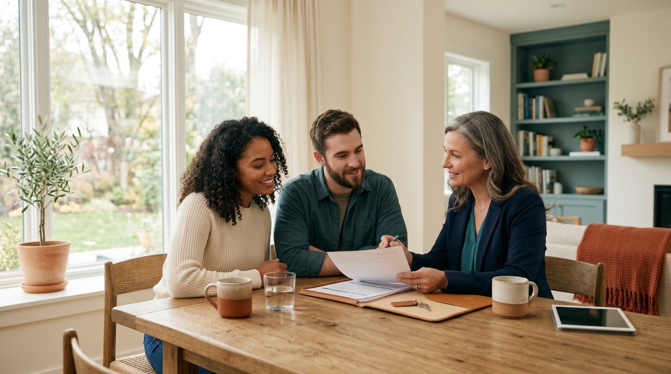 A couple reviewing home-purchase paperwork with an adviser
