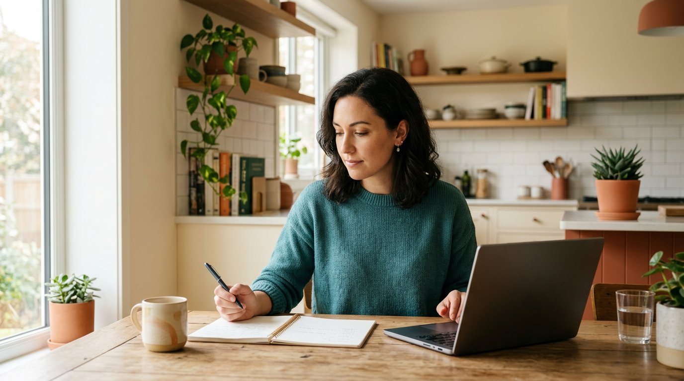 A woman reviewing a personal loan budget at home