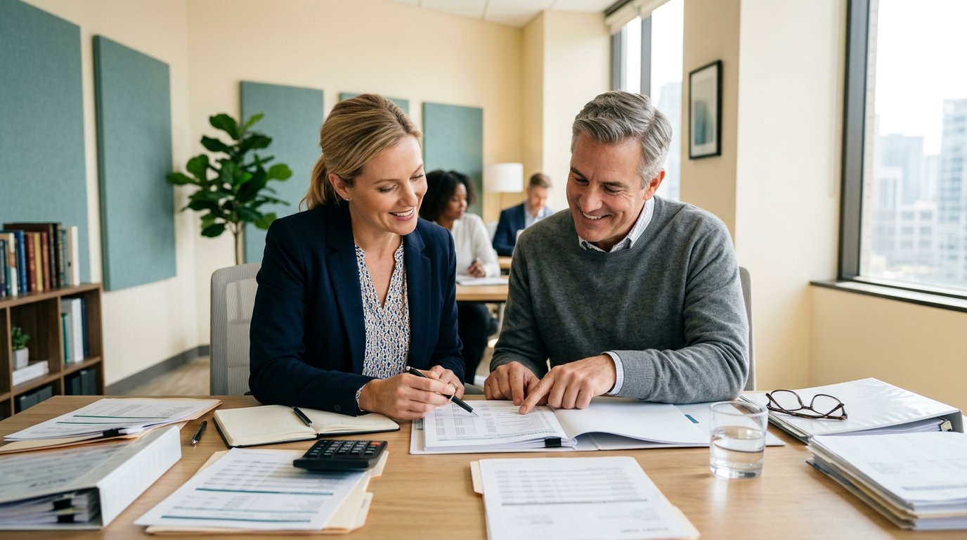 A client and adviser reviewing tax documents together
